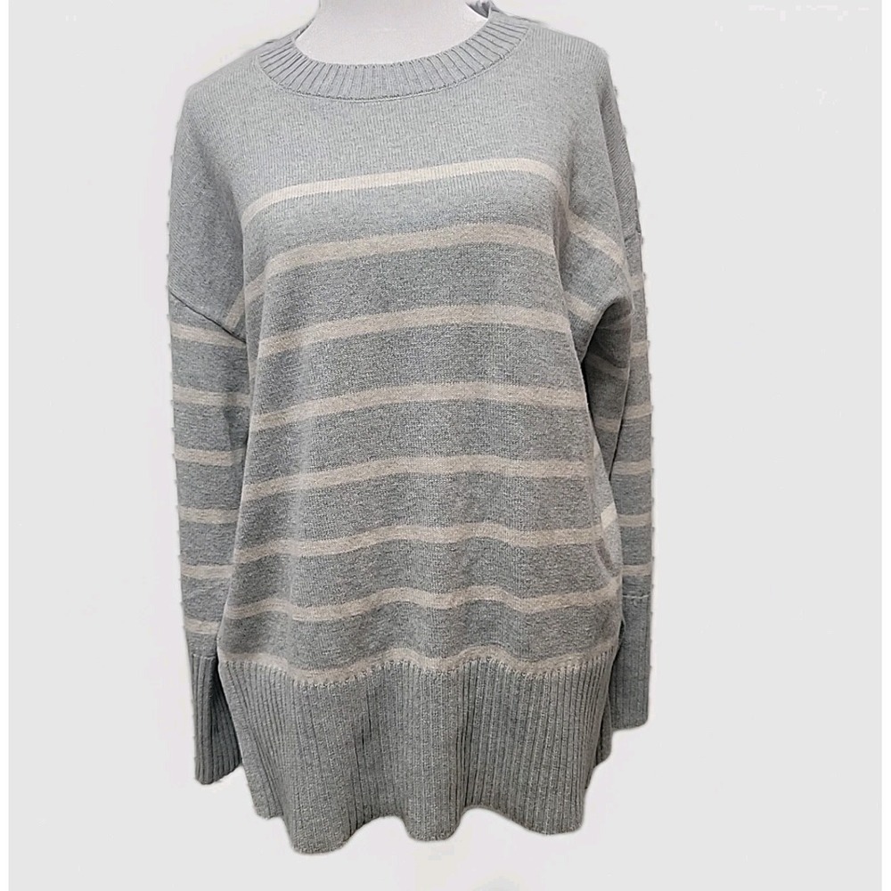 Loft SZ M Gray Cream Striped Oversize Tunic Style Sweater Split Hem Cotton Blend